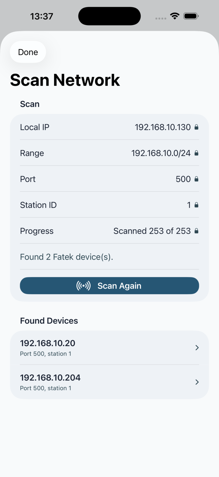 Scan network screen with local subnet scan progress and discovered PLC targets