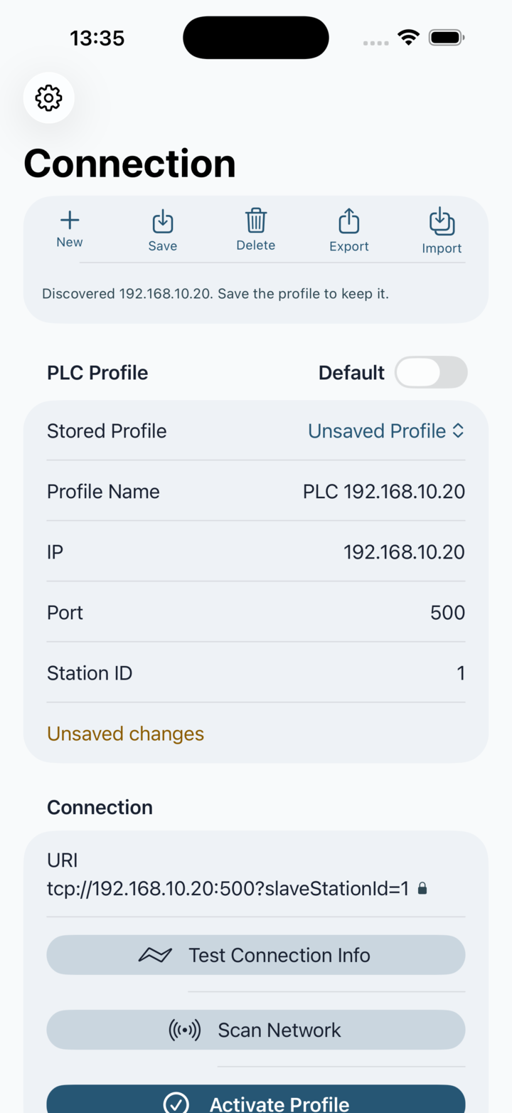 Connection screen showing PLC profile settings
