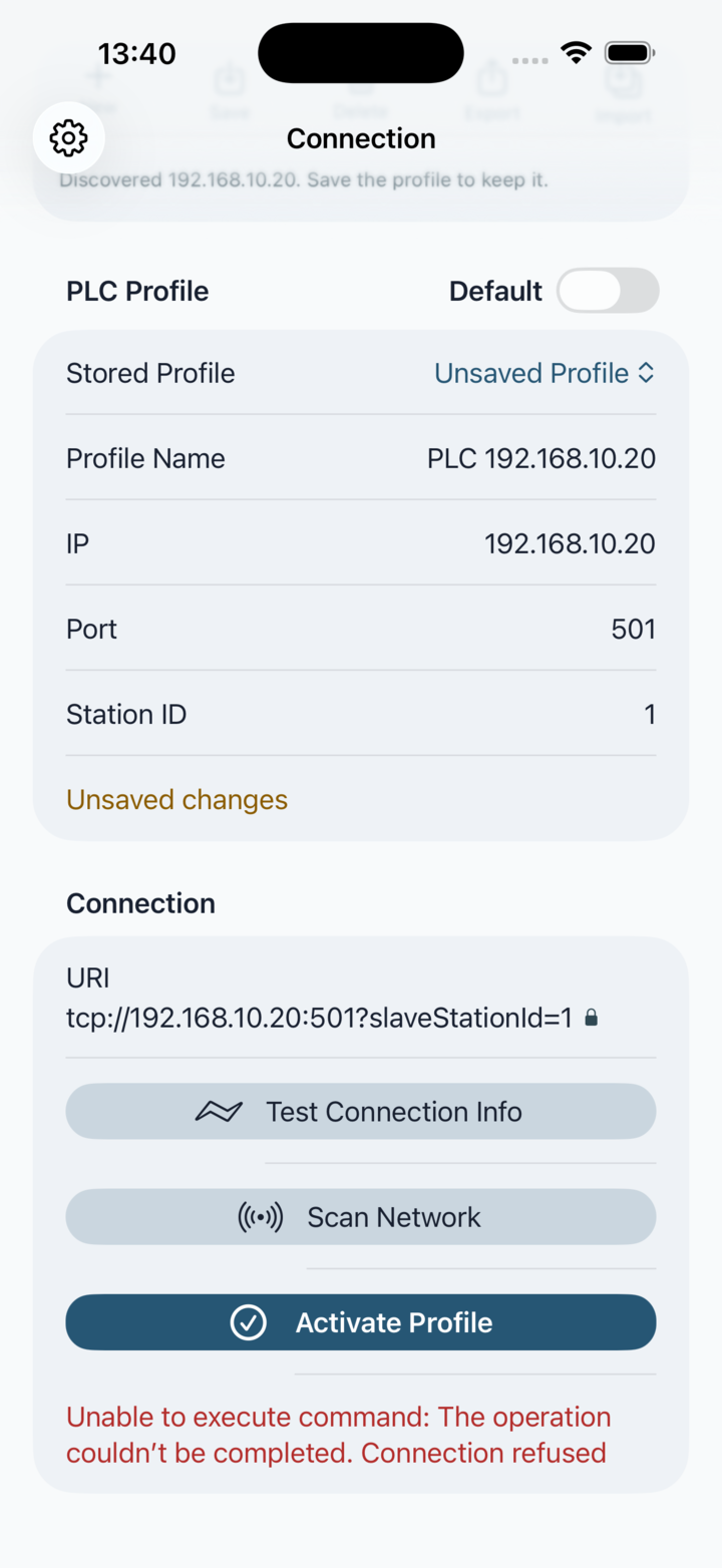 Connection test failure state with an error message and recovery hint
