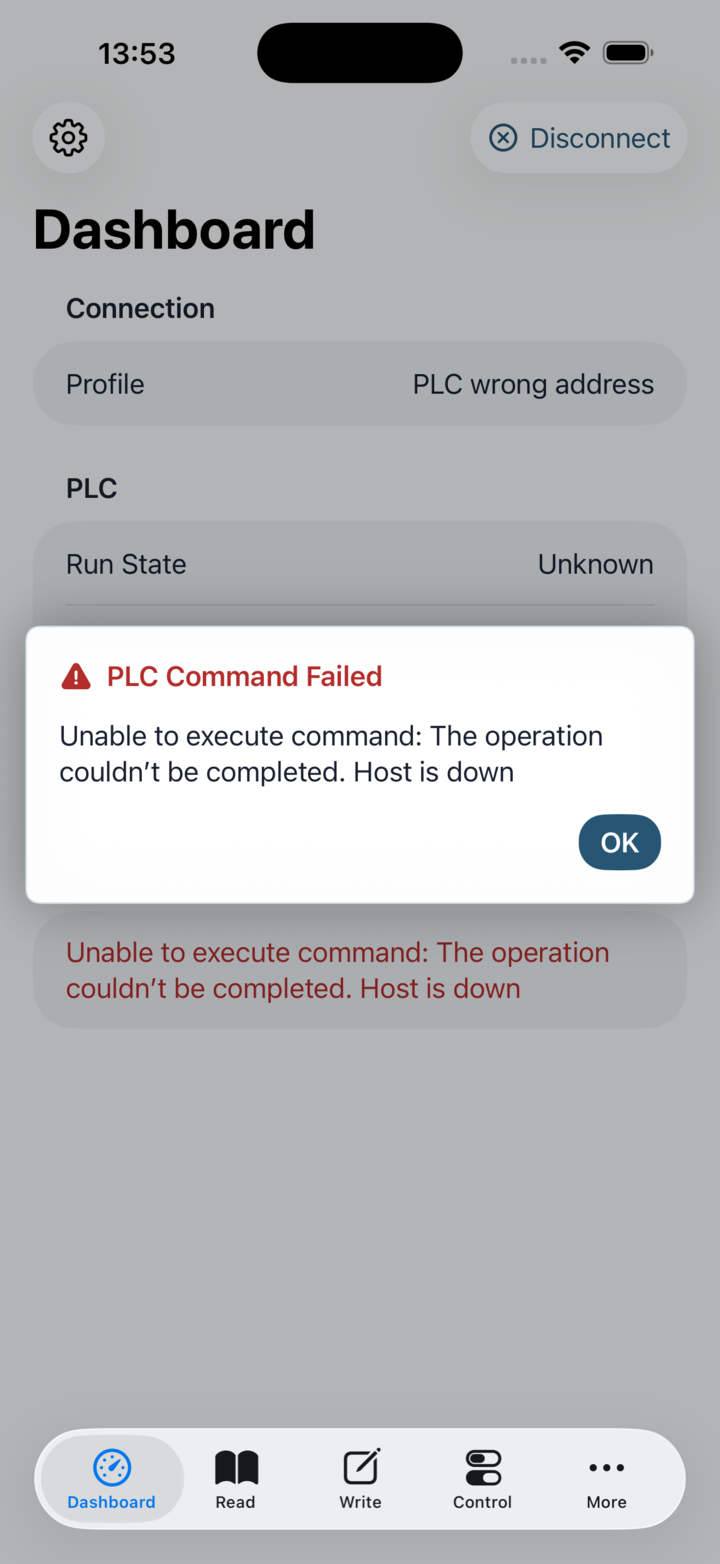 Dashboard popup showing PLC command failed after a command error