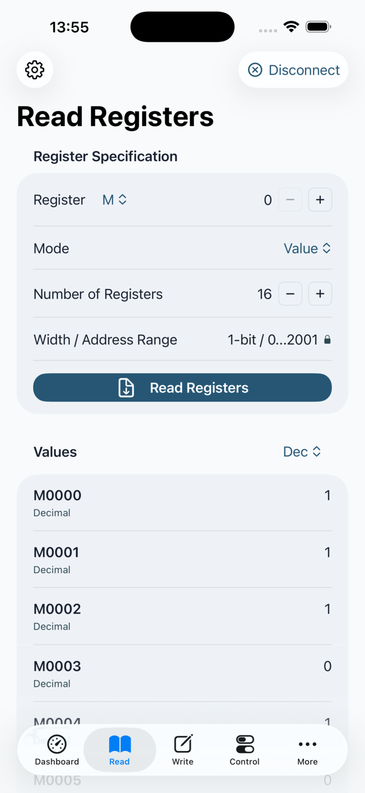 Read Registers screen showing values for a register range