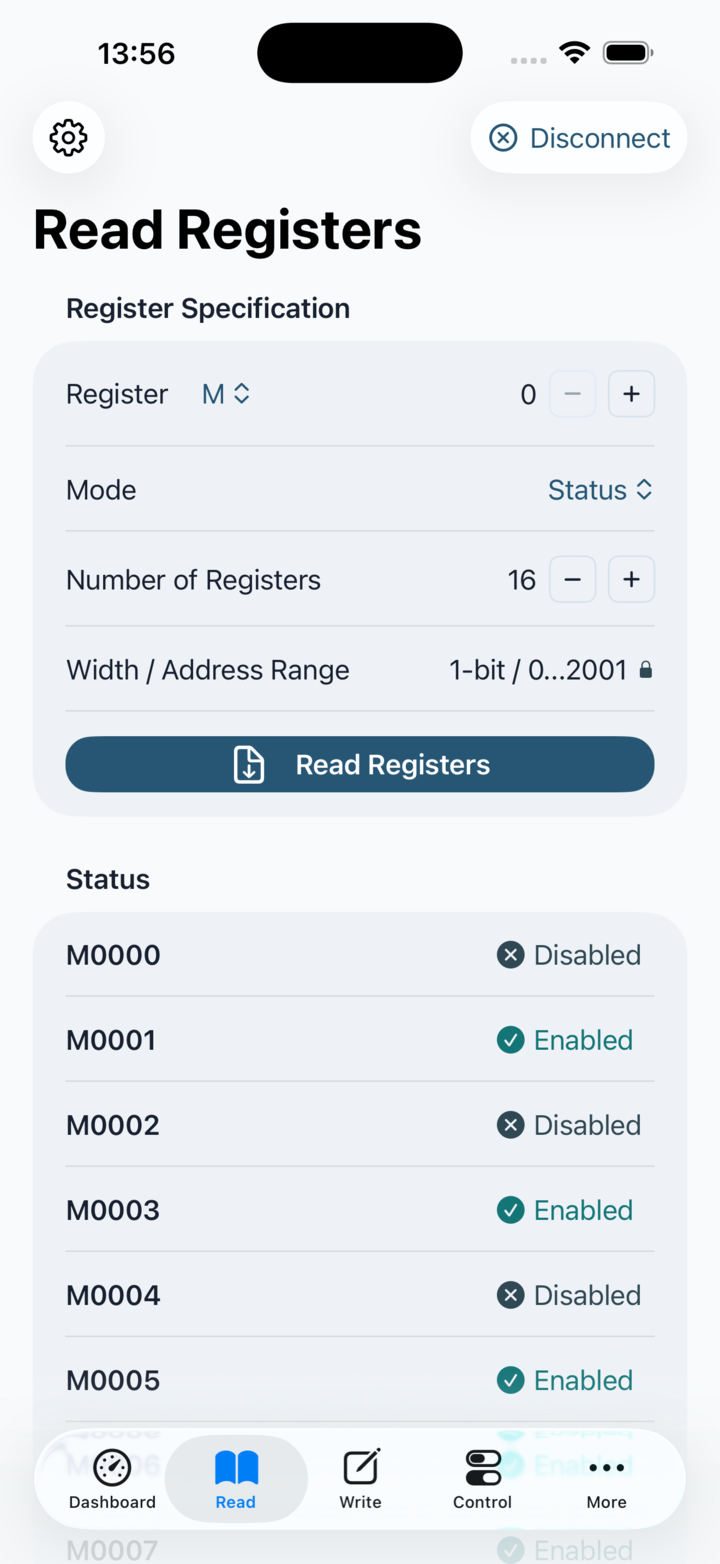 Read Registers screen showing status display for discrete registers
