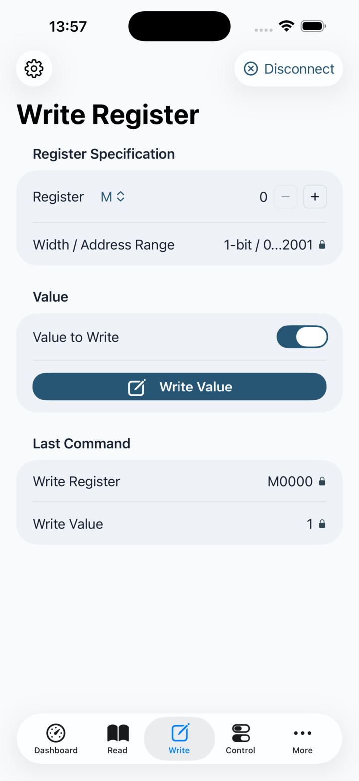 Write Register screen in discrete toggle mode for a bit register