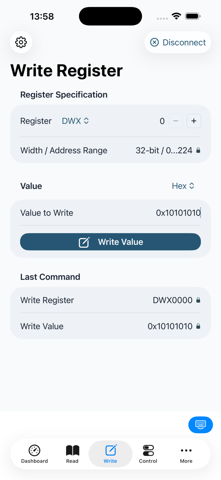 Write Register screen for a continuous register with numeric value input