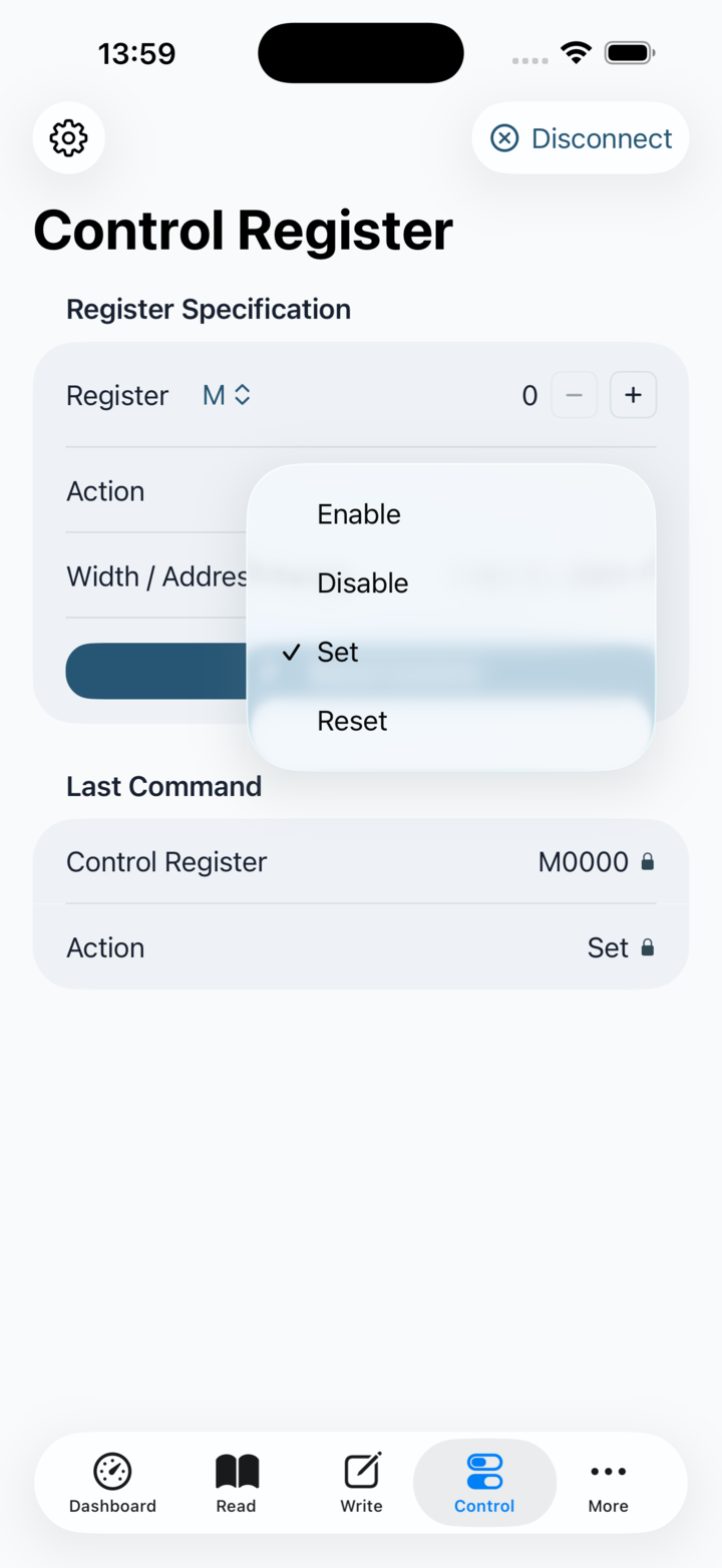 Control Register screen with family, address and action selection