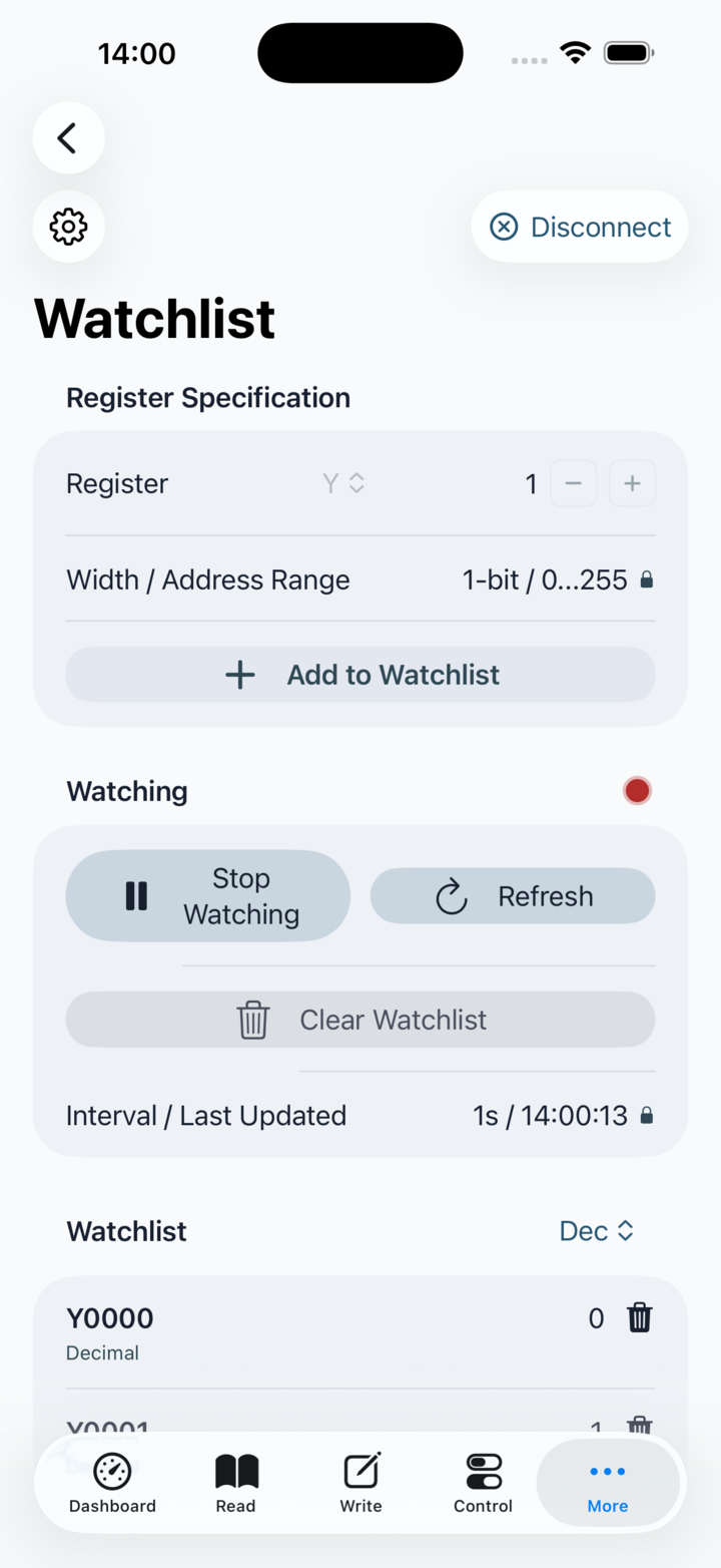 Watchlist screen showing live PLC register values