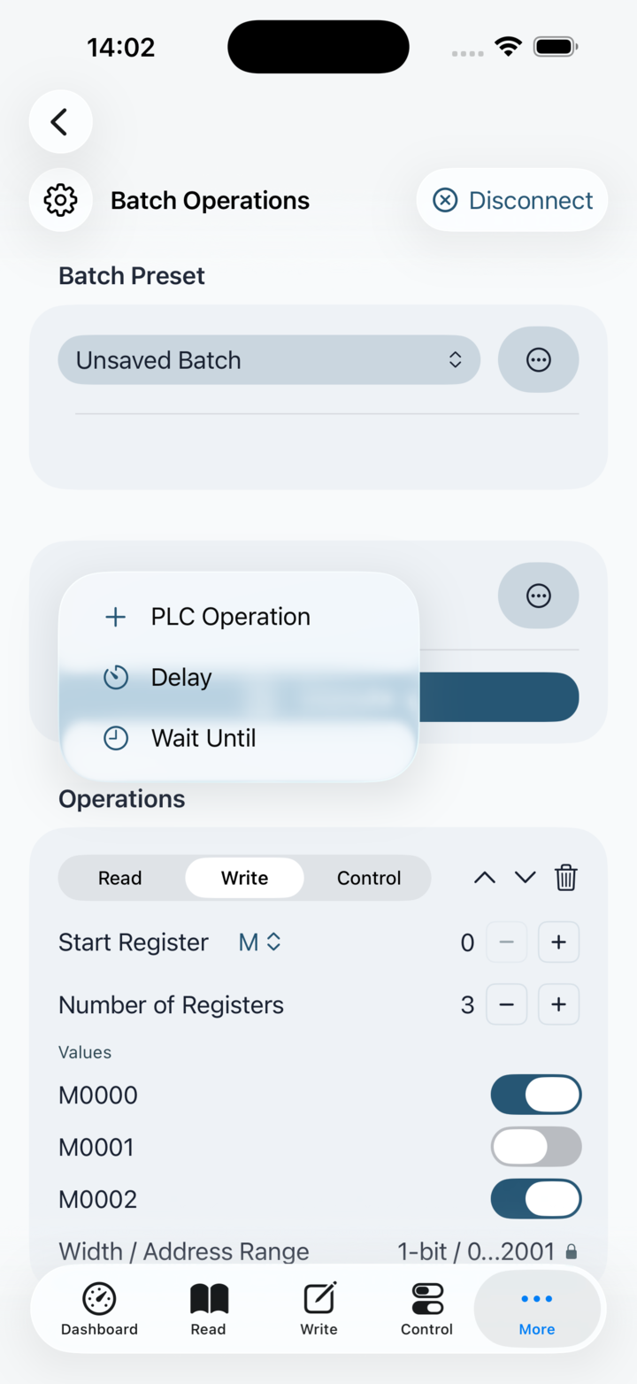 Batch Operations screen with row editing and execution controls