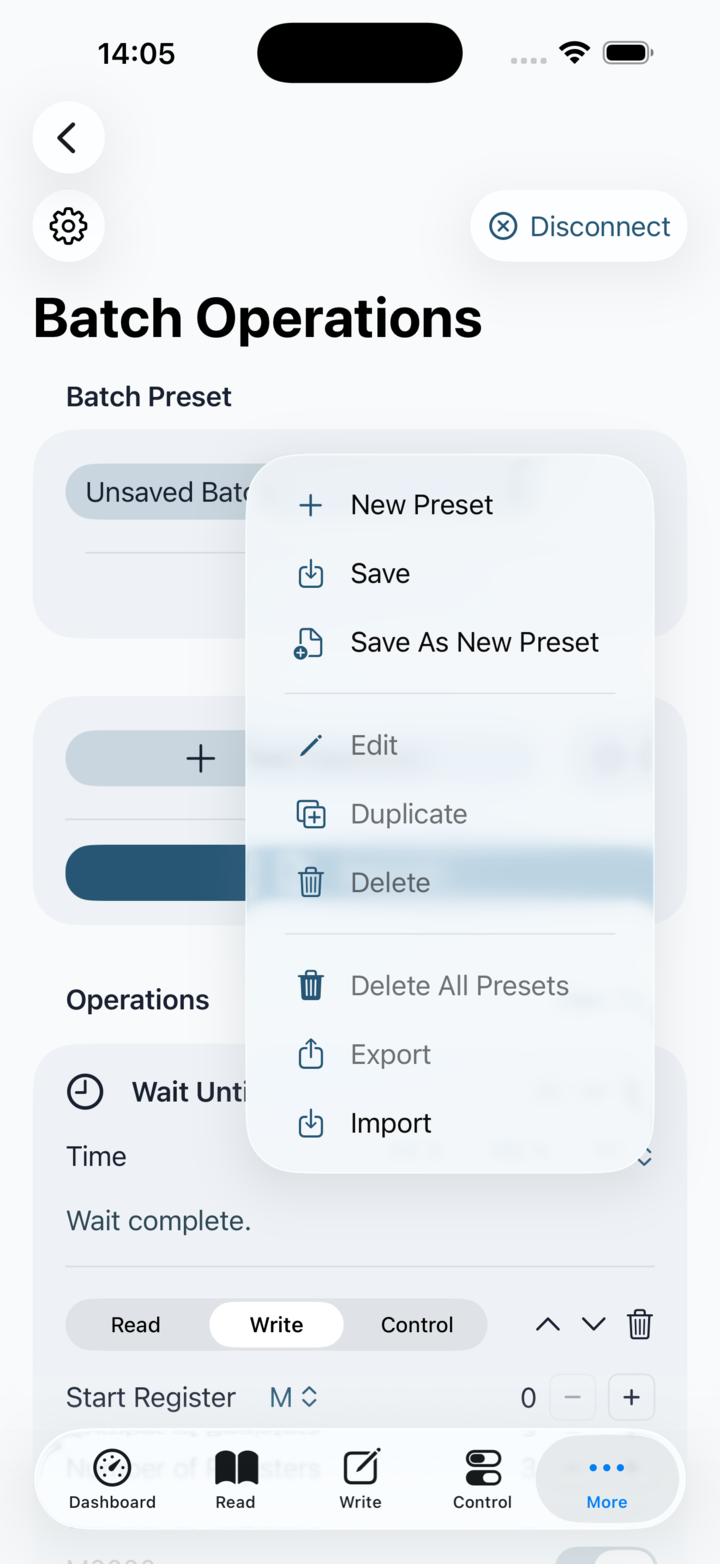 Batch Operations screen with preset management menu open