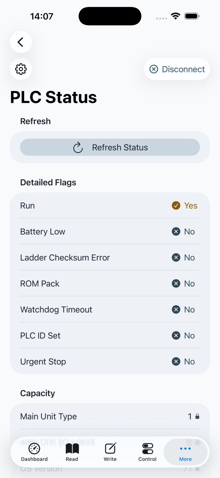 PLC status screen with detailed status flags and capability information