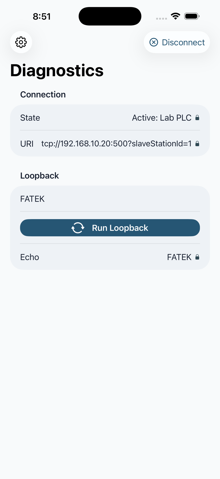 Diagnostics screen showing PLC connection and loopback details