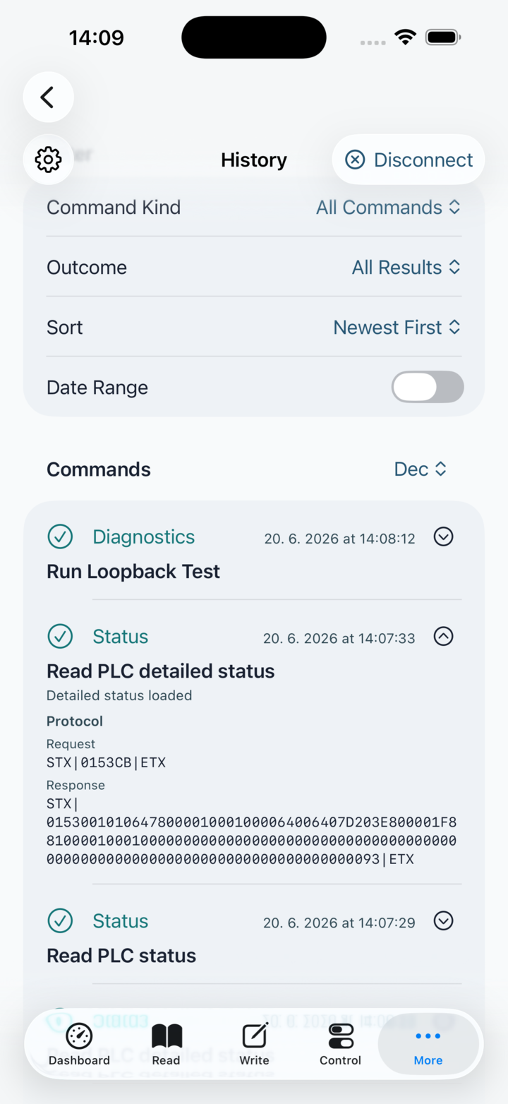 History screen showing recorded PLC command activity