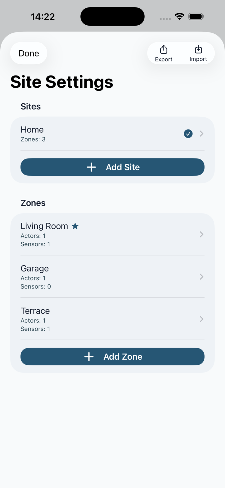 Site Settings screen showing sites and zones with counts