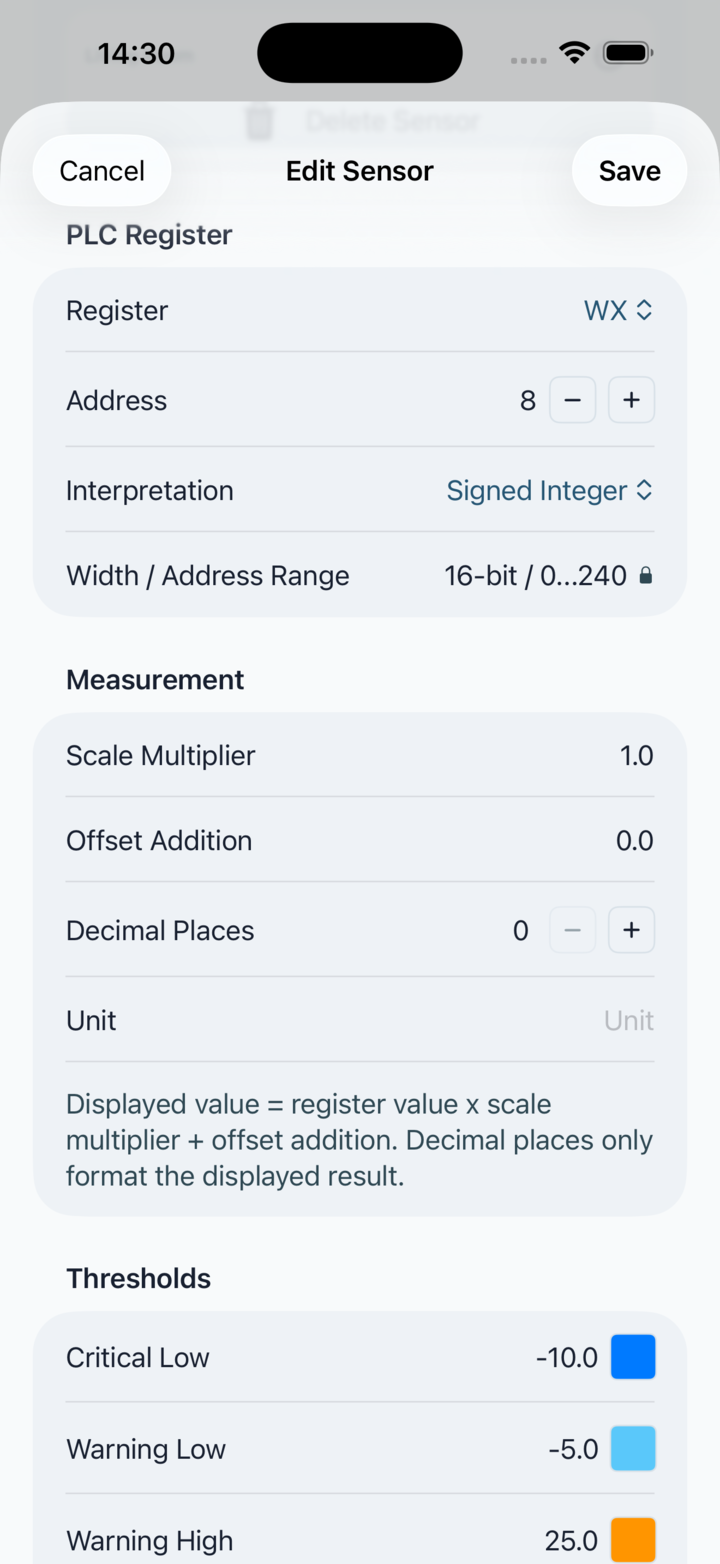 Edit sensor screen with measurement, threshold and register settings