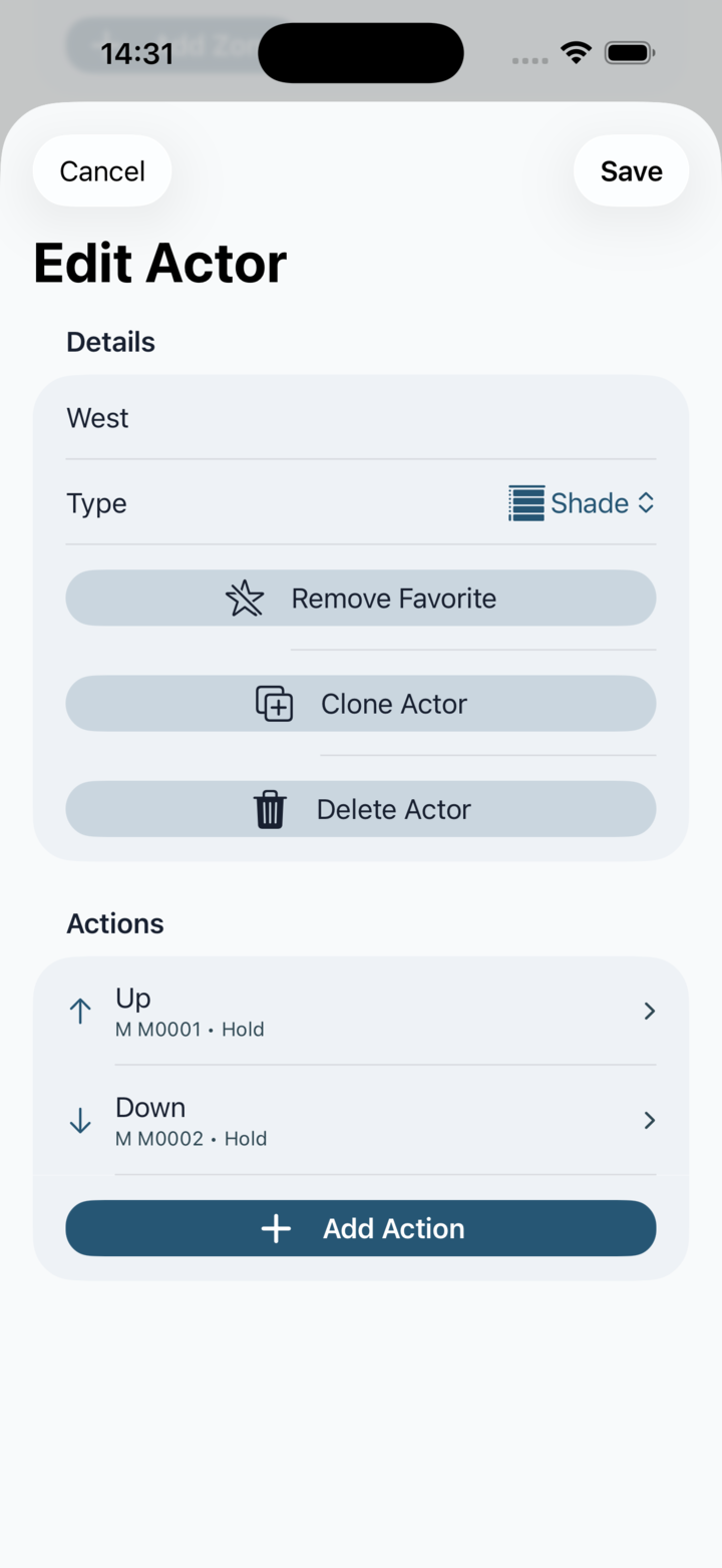 Edit actor screen showing PLC actor and action configuration