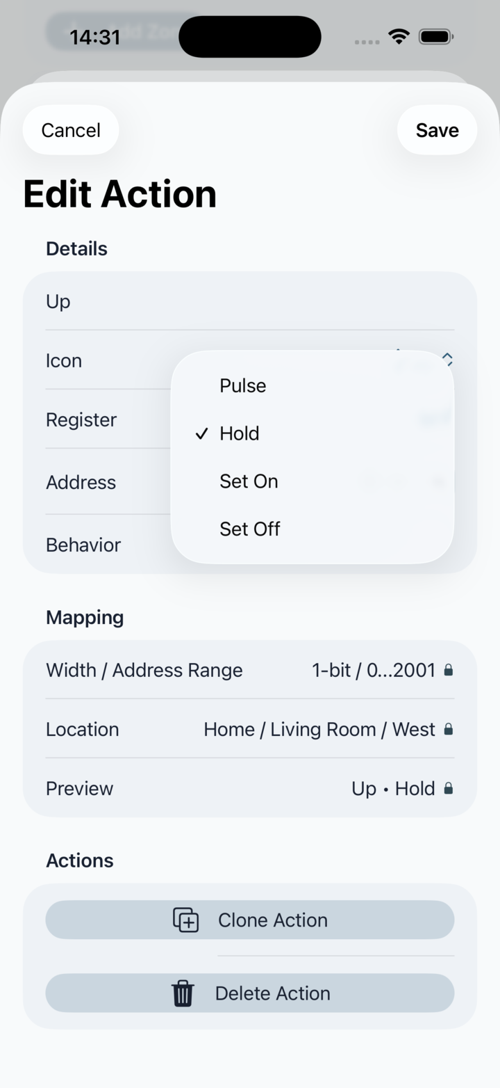 Edit action screen showing register mapping, action behavior and mapping details