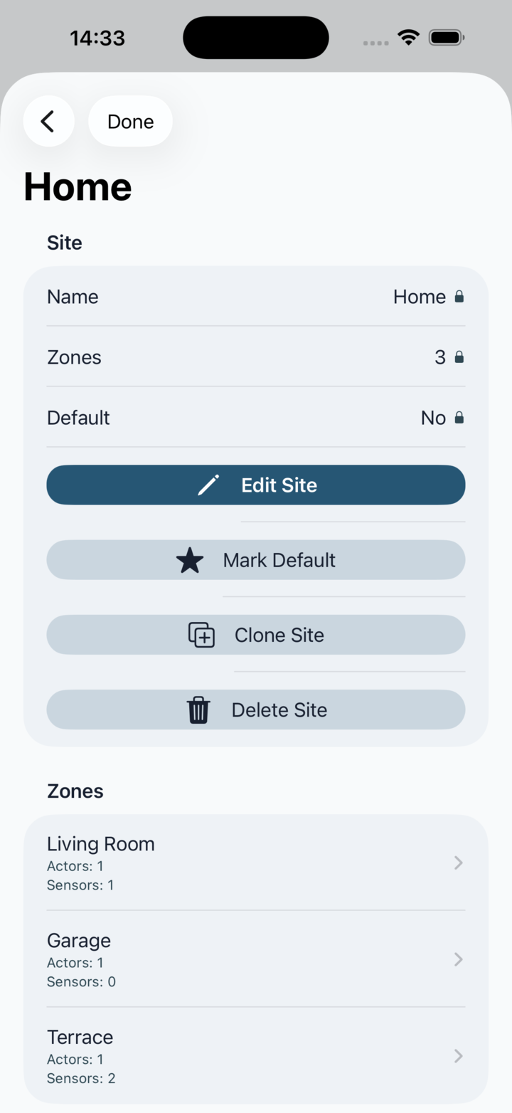 Edit site screen for changing the site name and site-level settings