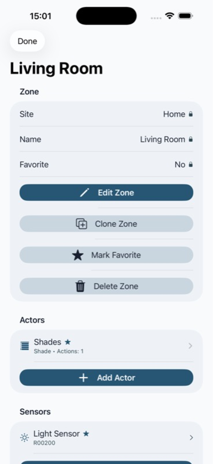 Zone detail screen showing the zone summary, actors, sensors and edit controls
