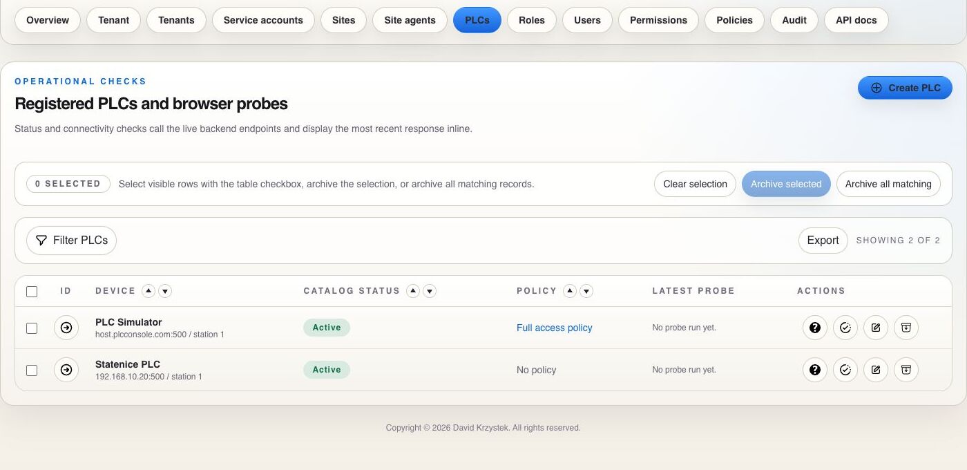 PlcConsole Remote registered PLCs and browser probes