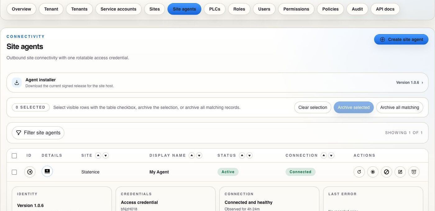 Expanded PlcConsole Remote Site Agent details