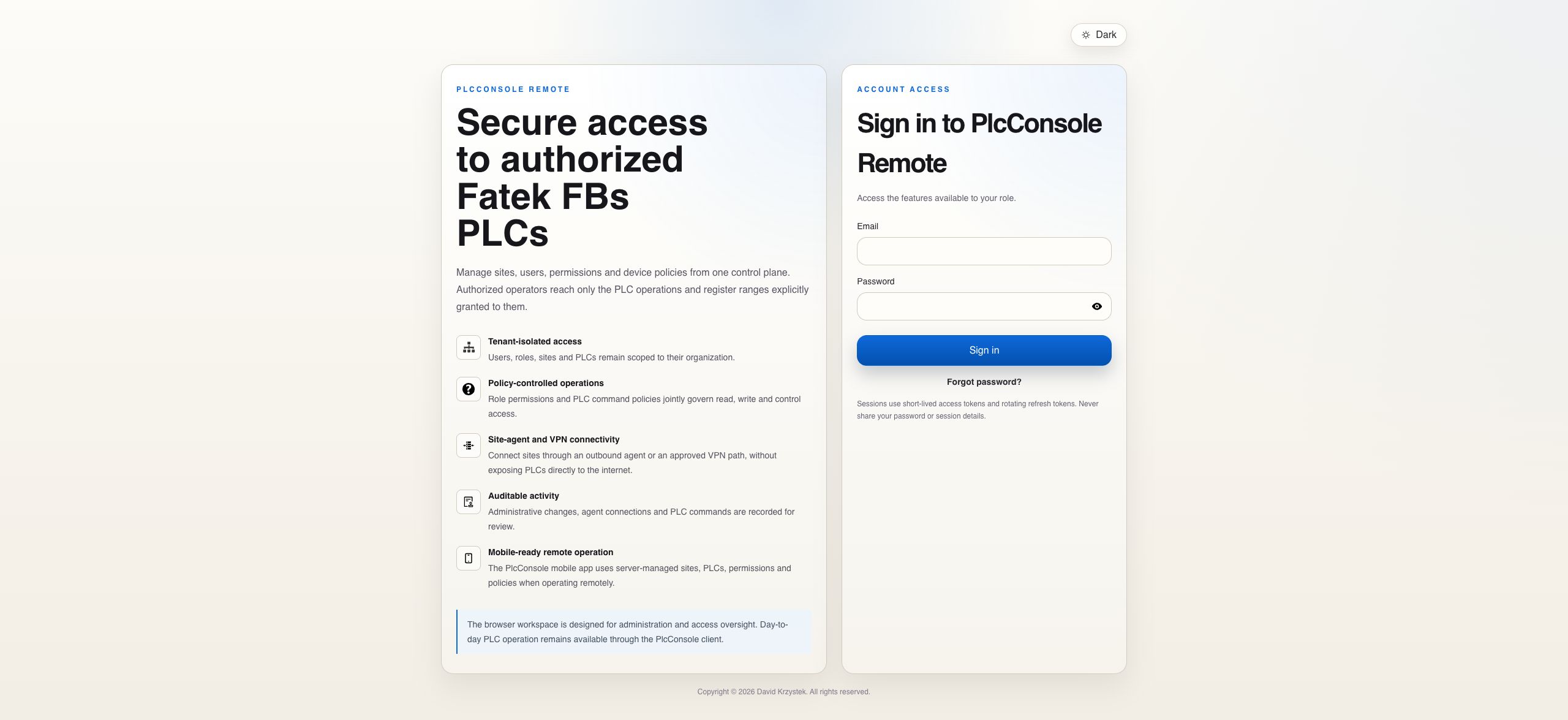 PlcConsole Remote login screen