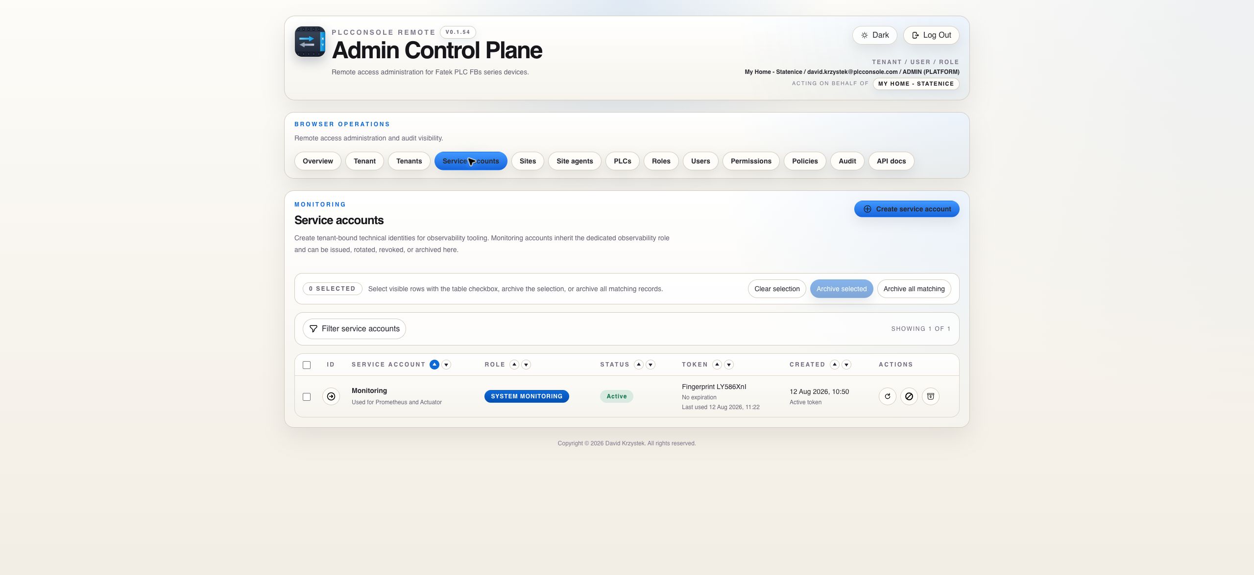 Service accounts catalog