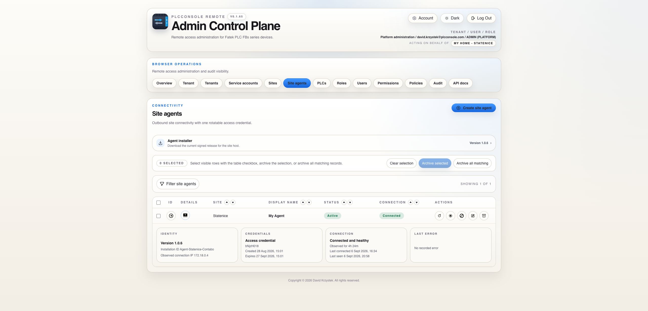 Expanded site agent identity and connection details