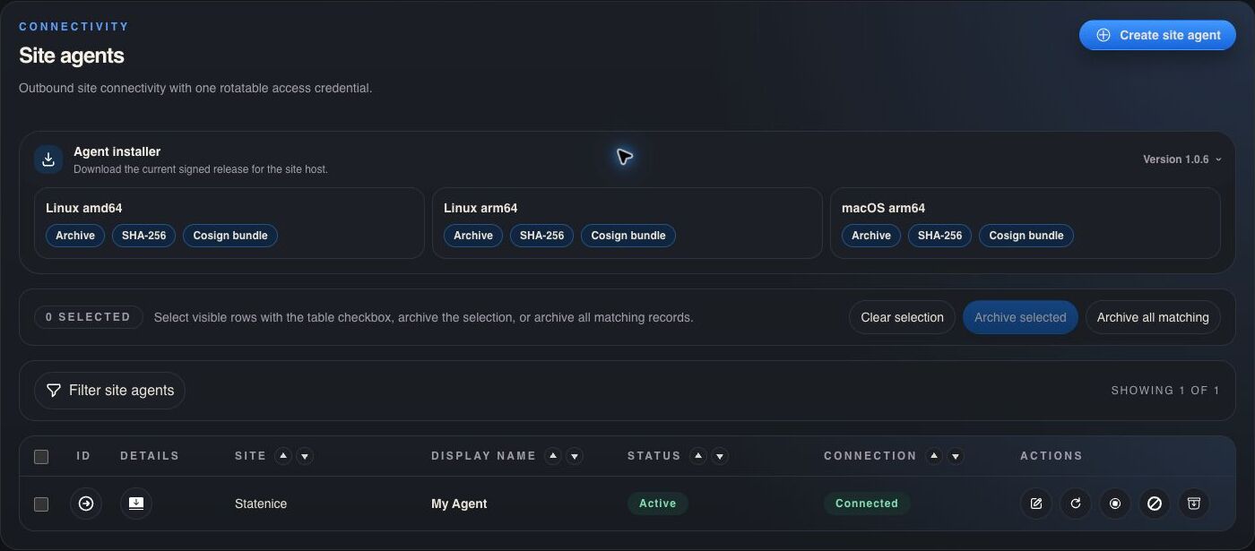 PlcConsole Remote Site Agents view with the signed installer expanded for Linux amd64, Linux arm64 and macOS arm64, plus a connected active agent