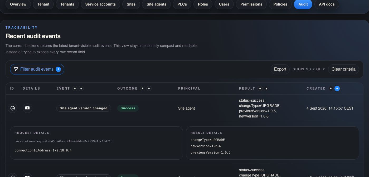 PlcConsole Remote audit history showing an expanded site-agent version upgrade event